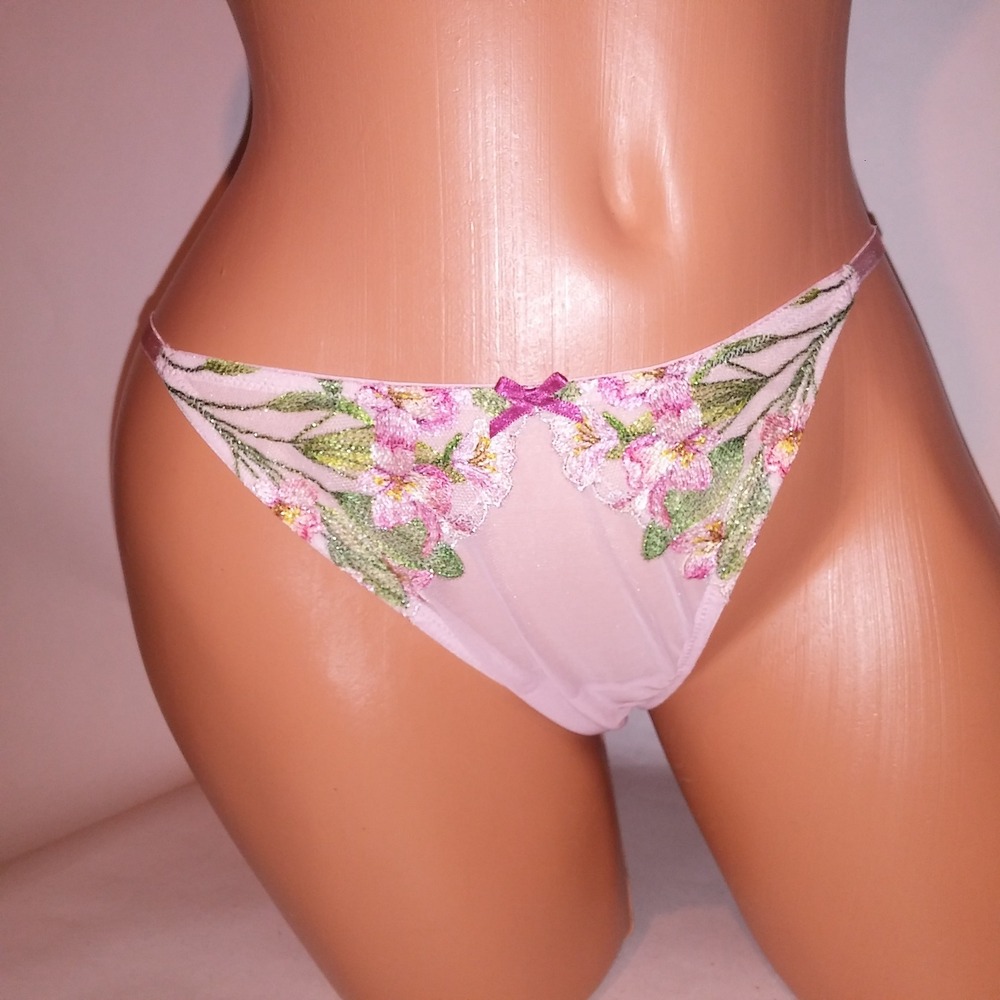 Victoria Secret Panty Medium Brazilian Pink Floral Embroidered Dream Angels
